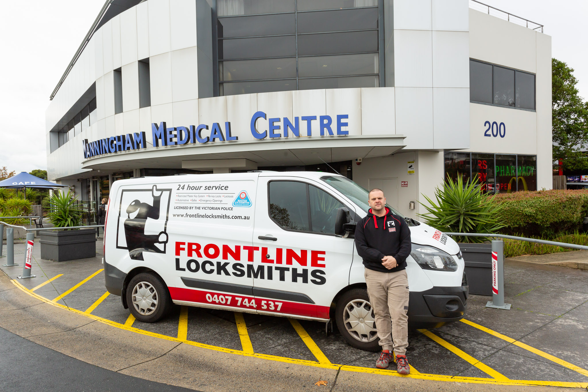 Frontline Locksmiths van parked outside Manningham Medical Centre, 200 High Street, Templestowe Lower