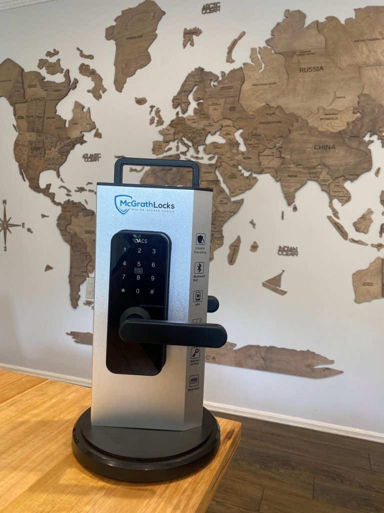 McGrath Locks digital lever handle with Bluetooth, app control and RFID card access — supplied by Frontline Locksmiths Melbourne